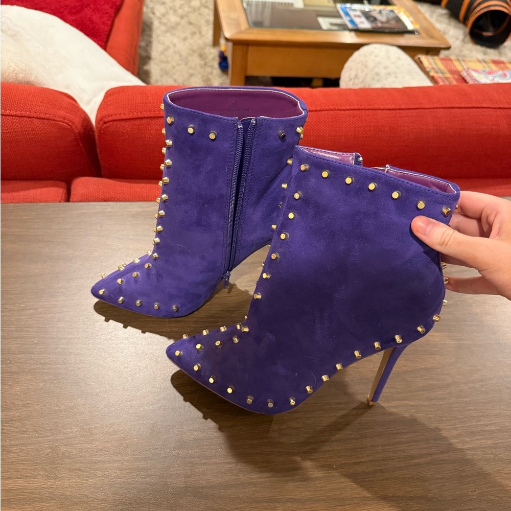 Purple Studded Suede Ankle Boots - Women's Fashion Heels